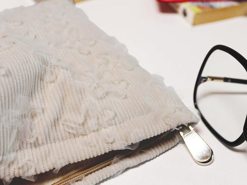 Corduroy Floral Makeup Bag Cosmetic Travel Pouch, Make Up Purse Organizer, Embroidered Lace Flowers,Creamy White...