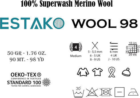 Estako Wool 98 100% Superwash Merino Wool Medium worsted weight soft Knitting and Crochet Yarn 1.76 oz (50gr) 98 yds (90 m) (6373-Green)......