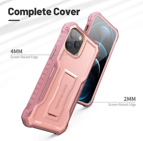 ExoGuard for iPhone 12 Case, Compatible with iPhone 12 Pro, Rubber Shockproof Full-Body Cover with Built-in Screen Protector and Kickstand - Pink...