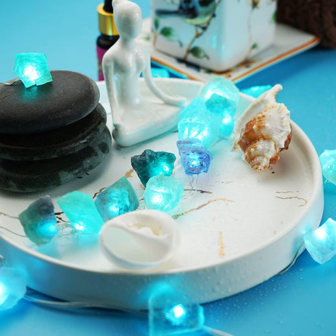 BOHON Natural Fluorite String Lights Battery Operated with Remote Sea Glass Raw Stones Decorative Lights 6.5ft 20 LEDs String Lights for Bedroom P...