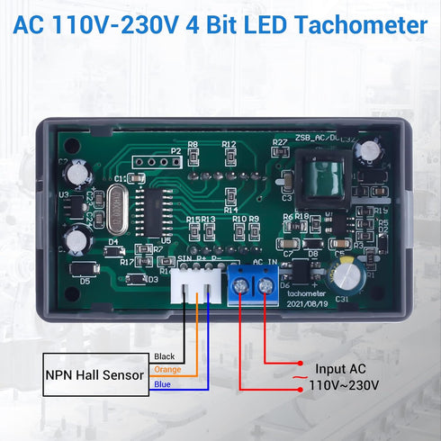Digital LED Tachometer, Icstation RPM Speed Meter AC 110V 220V Digital Motor Tachometer with Hall Proximity Switch Sensor NPN for Lathes, Conveyor...