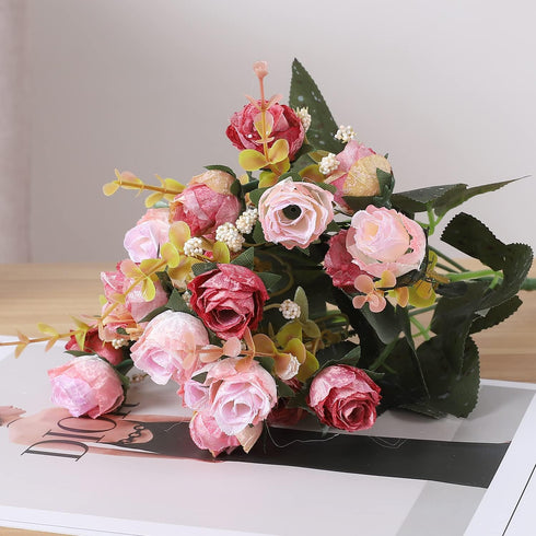 Duovlo 7 Branch 21 Mini Rose Heads Artificial Flowers Bouquet Wedding Home Office Decor,Pack of 4 (Pink)...