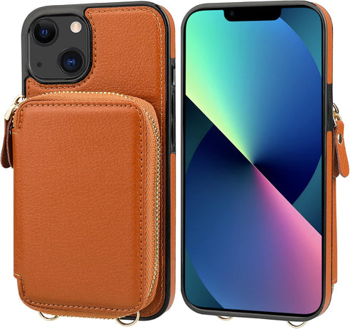 Bocasal RFID Blocking Wallet Case for iPhone 14 iPhone 13, Adjustable Crossbody Zipper Purse Case Card Holder with Kickstand Detachable Wrist Stra...