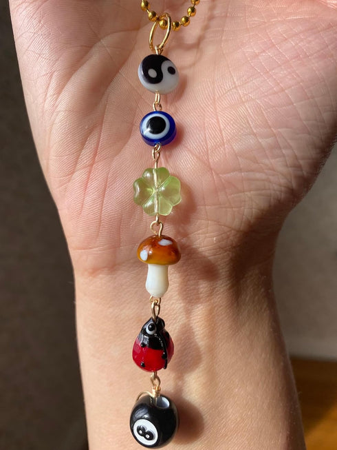 Evil Eye Car Hanging Ornament,Good Lucky Days Car Charm,8 Ball Mushroom Four-Leaf Clover Pendant for Car Rear View Mirror,Cute Boho Evil Eye Ladyb...