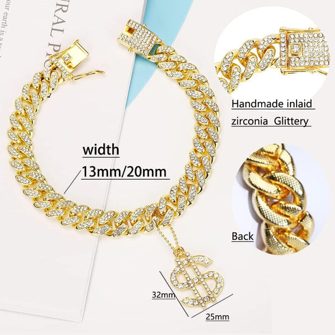 Gold Dog Collar 14mm/20mm Cat Puppy Chain Zircon Cuban Link Chain Handmade Iced out Diamond Exaggerated Dollar Pendant Full Cz Prong Set Pet Jewel...