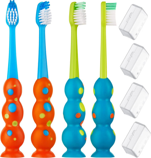 Kids Toothbrush 4 Pack - Soft Contoured Bristles - Child Sized Brush Heads (3-10 Year Old) - Suction Cup for Fun & Easy Storage - Girl & Boy Set (...