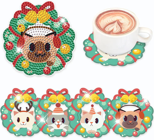 4 PCS Christmas Wreath Cat Diamond Art Coasters Kit, DIY Diamond Art Painting Coasters for Adults, 5D Xmas Diamond dot Kits Coasters Craft Supplie...