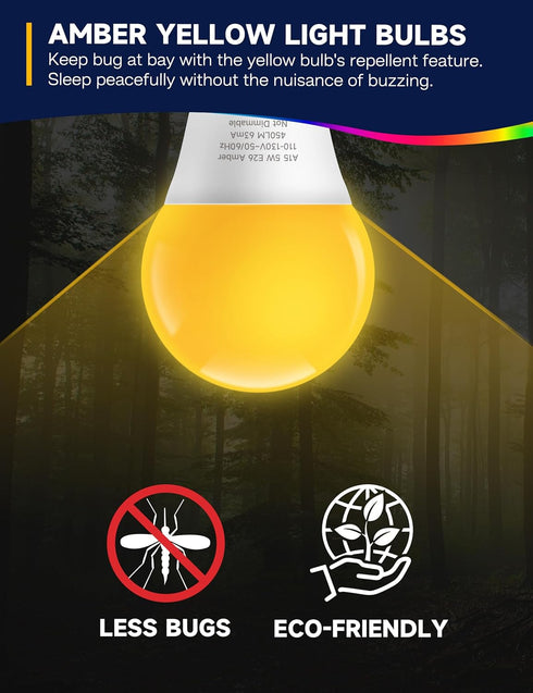 Yellow Amber Bug Light Bulbs, LED Bug Lights for Outside Porch Lights, A15 Small Amber Night Light Bulb, 5W Equivalent 40W E26 Yellow Bulbs Outdoo...