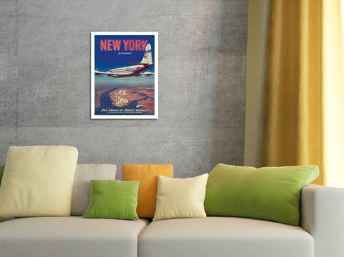 New York USA by Clipper - Boeing 377 over Manhattan Island - Pan American World Airways - Vintage Airline Travel Poster c.1950 - Fine Art Matte Pa...