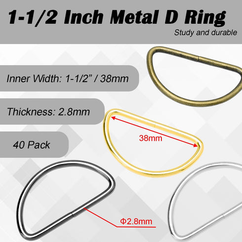 CooBigo 40 Pack 1 1/2 inch Metal D Ring 1.5 inch D Hooks Ajustable D-Rings Webbing Strap Belt Buckles for Bag, Backpack, Handles, Purses, Hangers ...