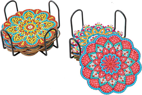 Round Diamond Art 6 Pieces of Diamond Painting Coasters with Brackets, Mandala Art Coasters, Adult DIY Diamond Art Crafts, Small Diamond Painting ...