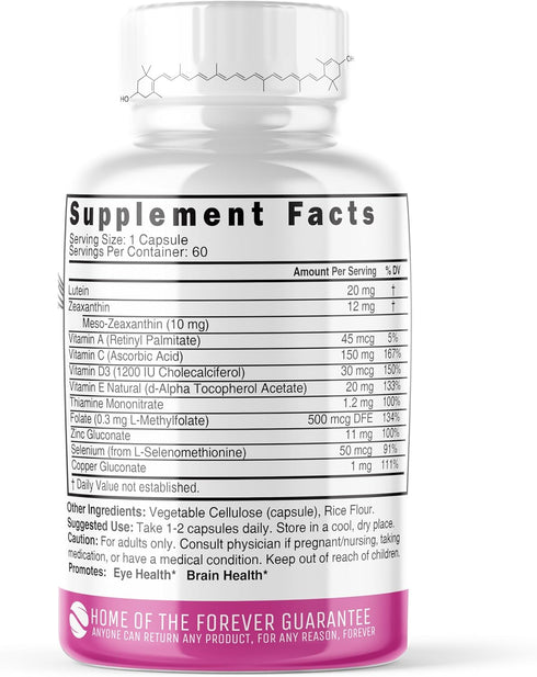 Nutri Lutein 20mg Eye Vitamins Complex - Triple Carotenoid Formula - Lutein and Zeaxanthin Supplements - Contains Zinc, Vitamins A,C,D3,E, Folate ...
