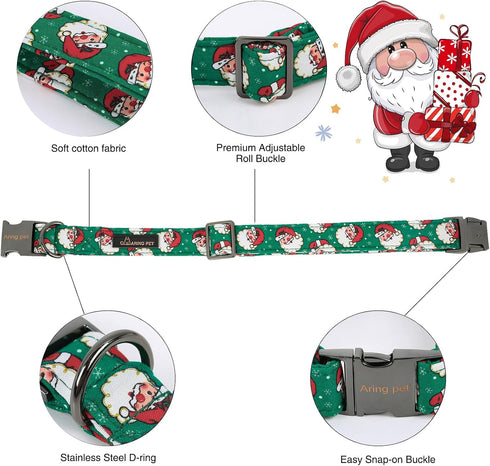 ARING PET Christmas Dog Collar-Green Santa Claus Dog Collar with Flower, Adjustable Cotton Christmas Pet Collars Girl Puppy Collars...