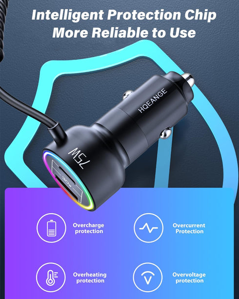USB C 75W Super Fast Car Charger PD&QC3.0 with 6ft 45W Type C Coiled Cable,for iPhone15/14/iPad Pro/Samsung S23 Ultra/Android Phones......