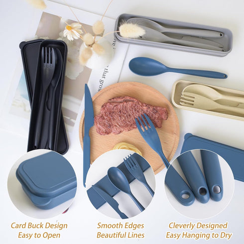 JIABEIUS Large Travel Utensils with Case, 4 Pack Wheat Straw Flatware Reusable Utensils, Portable Travel Cutlery Set for Lunch School Picnic Campi...