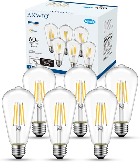 ANWIO Dimmable Vintage LED Edison Bulbs, 5W, Equivalent 60W, 500lm, Warm White Light 2700K, 80+ CRI, ST21 Antique LED Filament Bulbs, E26 Medium B...