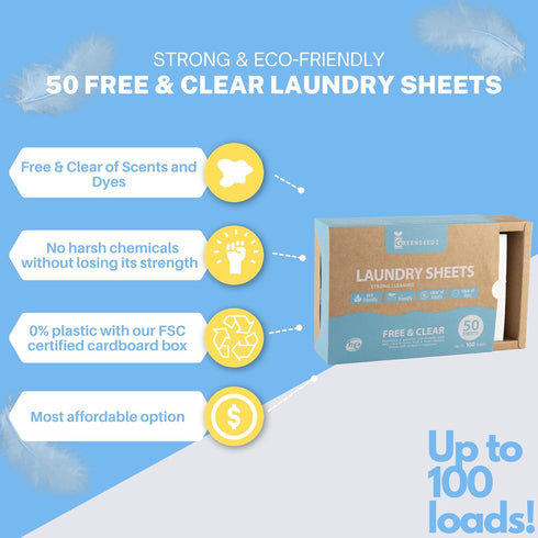Free And Clear Eco Friendly Unscented Laundry Detergent Sheets, Up To 100 Loads, Powerful Against Stains...