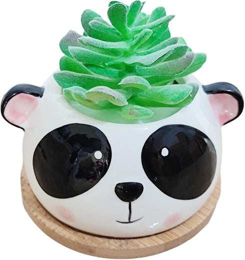 Succulent Pots,Cute Animal Panda Shaped Cartoon Ceramic Succulent Cactus Flower Planters with Bamboo Tray -Plant Not Included (4.13 Inch)...