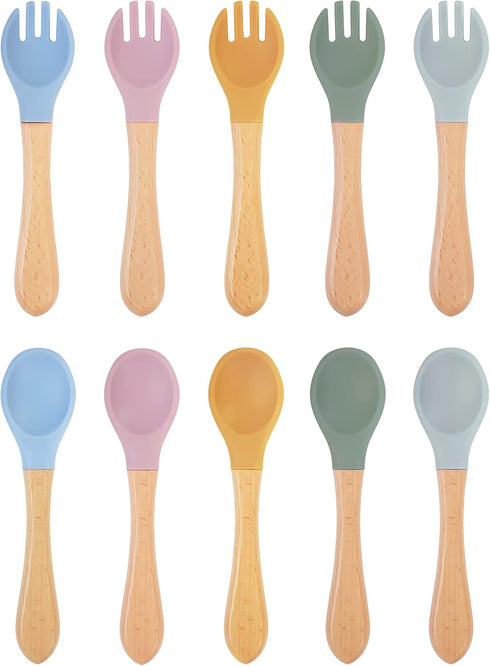 10 Pieces Bamboo Baby Spoons & Baby Forks Set, Chewable Baby Utensils for Self-Feeding, Bamboo and Silicone Baby Utensils, Kids Utensils for Over ...