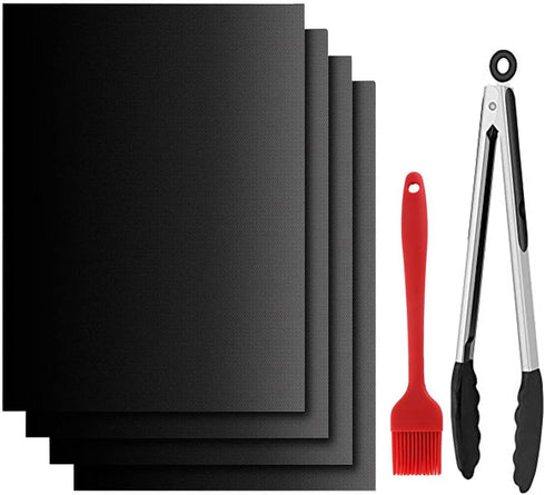 Dailyart Grill Mats Set of 4 with 13" BBQ Tongs & Silicone Brush, 100% Non Stick BBQ Grill Mat & Baking Mats, Reusable Teflon Grill Matt for Outdo...