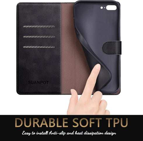 SUANPOT Flip Book Phone Case for iPhone 7 Plus/8 Plus 5.5" with RFID Blocking Leather Wallet Case, Credit Card Holder, Shockproof Cover, Black...