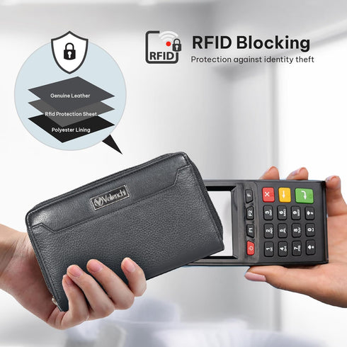 VALENCHI Leather Wallet For Women RFID Blocking Slim Minimalist Ladies Long Clutch Purse Organizer Credit Card Holder Slots with Zipper Pocket (Bl...