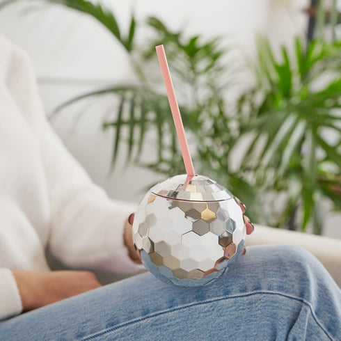 Blush Silver Disco Ball Cup with Straws for Parties - 16 Ounce Cute Sparkly Glitter Cocktail Disco Ball Drink Tumbler, Party Supplies...