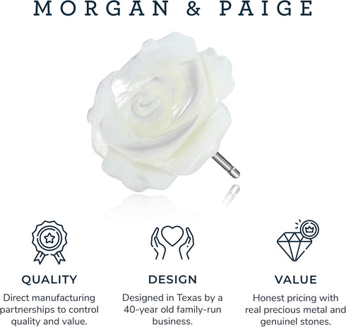 MORGAN & PAIGE Carved Mother of Pearl Rose Earrings, Handcrafted Rose Stud Earrings, Rhodium Plated Sterling Silver Mother of Pearl Earrings, Jewe...