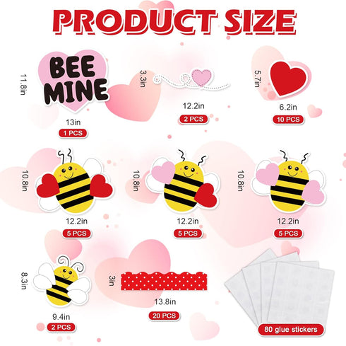 Whaline Valentine's Day Bee Bulletin Board Decorations Valentine Bee Mine Heart Cutouts Border Trim Love Style Cute Bee Decor with Glue Point for ...