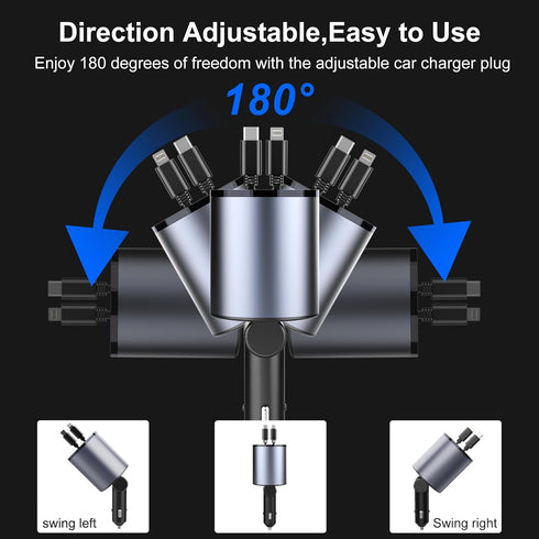 Retractable Car Charger 4 in 1 Fast Charge USB C Car Charger Adapter with Retractable Cord Cable 100W, Car Phone Charger for iPhone 15 Pro Max Plu...