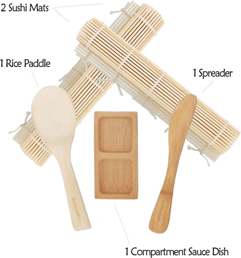 BambooMN Sushi Making Kit Rolling Mats, Rice Paddle, Spreader, Sauce Dish...