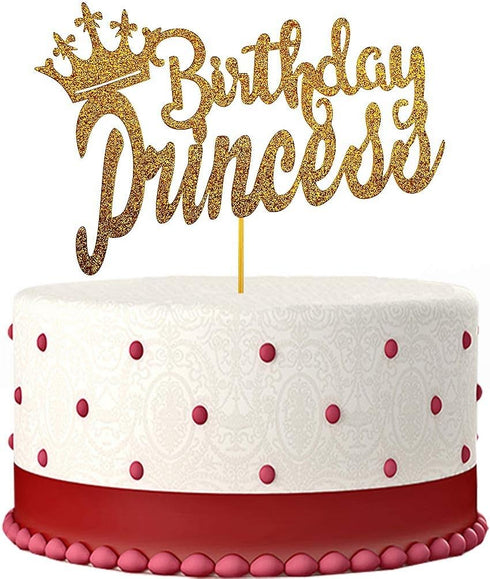 Happy Birthday Cake Topper for Princess Birthday Party Decorations,Double-faced Gold Glitter...