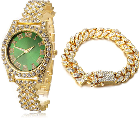 Halukakah Diamonds Gold Watch Iced Out,Women's 18K Real Gold/Platinum White Gold Plated 36MM Width Green/Blue/Red Dial Quartz Wristband 8" with Cu...