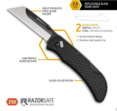 OUTDOOR EDGE 2.5" RAZOR-WORK - RazorSafe Replaceable Blade Folding Utility Knife (Black, 2 Blades)...