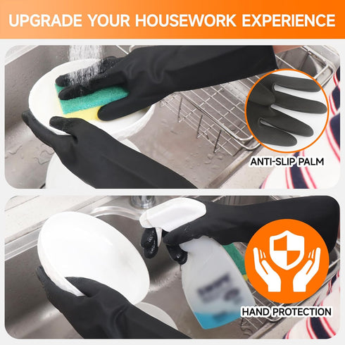 Thick Rubber Cleaning Gloves - 3 Pairs Black Rubber Gloves for Dishwashing Extra Large, Non-Slip Kitchen Gloves for Washing Dishes, Reusable Clean...