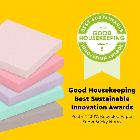 Post-it 100% Recycled Paper Super Sticky Notes, 2X The Sticking Power, 3x3 in, 5 Pads, 70 Sheets/Pad, Wanderlust Pastels Collection (654R-5SSNRP)...