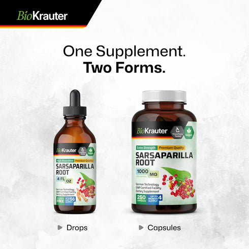 BIO KRAUTER Sarsaparilla Root Capsules - 1000 mg Strength - 250 Vegan Sarsaparilla Extract Caps - No Fillers...