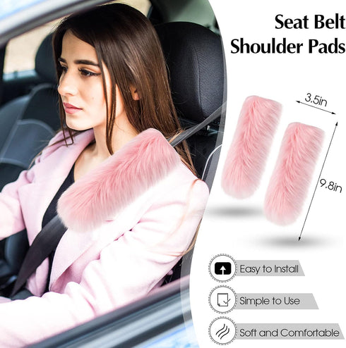6 Pieces Fluffy Steering Wheel Covers Winter Wool Fur Handbrake Cover Warm Gear Steering Wheel Cover Console Seat Belt Shoulder Pads Accessories F...