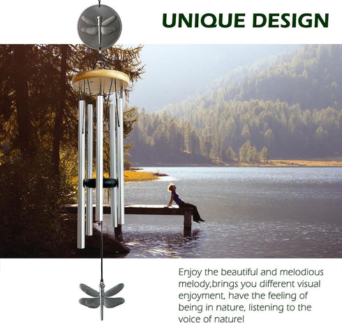 Dragonfly Wind Chimes for Outside with Bright Silver,29 "Memorial Wind Chimes Create a Zen Atmosphere for Outdoor,Garden Patio Yard Decor,Unique D...
