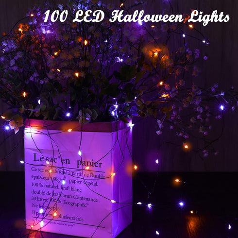 Lomotech 2 Pack Solar Lights, 33ft 100LED Orange Purple Twinkle Fairy Lights Waterproof 8 Modes Outdoor for Halloween Party DIY Decoration Black W...