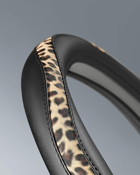 Steering Wheel Cover - Made with PVC Leather and Leopard Fabric - Universal 14 1/2 inches to 15 inches for Most Automotive Steering Wheel (Leopard...