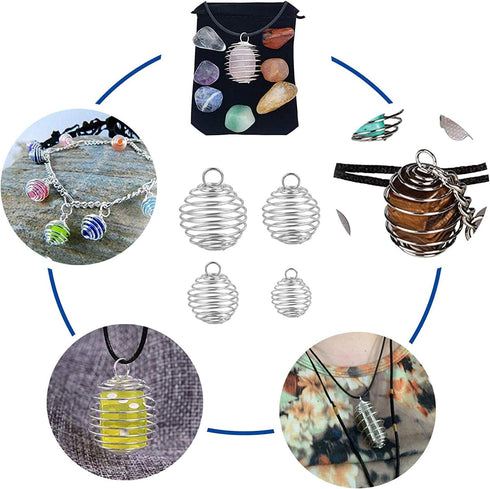 PH PandaHall 72pcs Spiral Bead Cage Pendants Set 48pcs 4 Sizes Iron Stone Holder Cage Necklace Pendants with 24pcs Leather Cord for Jewelry Making...