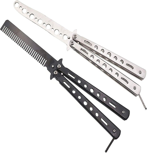 DOUBLE 2 C Butterfly Knife, Practice Balisong Knife Trainer, Metal Steel Folding Comb, Unsharpened Blade for Practicing Flipping Tricks, Csgo Butt...