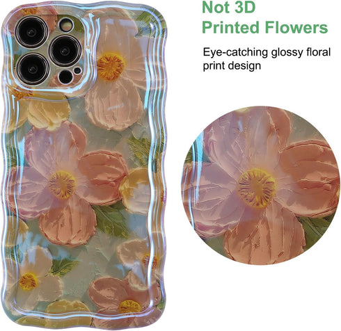 Jusy Oil Painting Flower Compatible with iPhone 11 Pro Max Case, Colorful Retro Floral Cute Curly Wave Frame Women Girls Cover for Apple 11 Pro Ma...