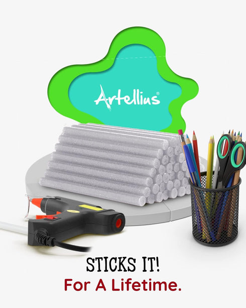 Artellius - Silver Glitter Hot Glue Sticks 4" x.27 (100 Bulk Pack) - Ultra Bond Hot Melt Adhesive Mini Glue Sticks for All temperature Glue Guns...