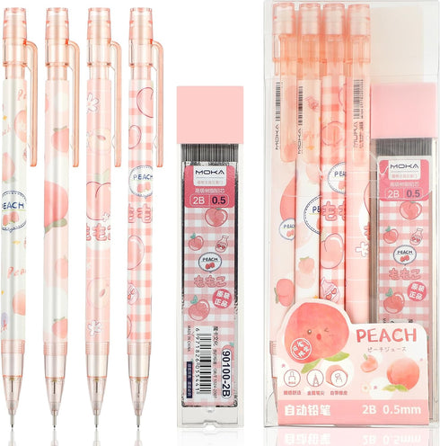 Pink Peach Mechanical Pencil Set, 4pcs Cute Mechanical Pencils with A Tube of 0.5MM Pencil Refills & Top Erasers Aesthetic School Supplies Back to...