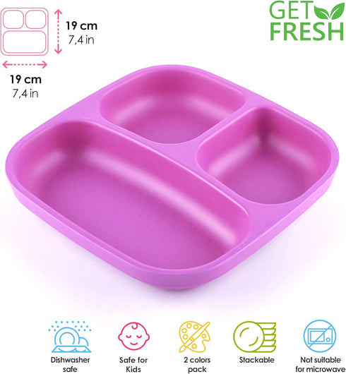 GET FRESH Bamboo Kids Divided Plates Set – 2-Pack 3 Compartment Bamboo Childrens Plates for Kids Meals – Reusable Bamboo Toddler Divided Plates Se...