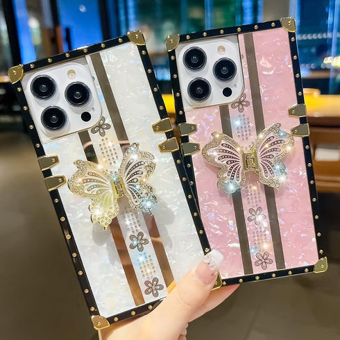 Luxury Square Compatible with iPhone 13 Pro Max 6.7 Inch Case, Cute Bling Pearl Butterfly Diamond Kickstand Cover, Glitter Silicone Shockproof Pro...
