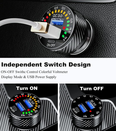 Car Charger, BRCOVAN Dual QC3.0 Port USB Car Charger Adapter, 36W 3A Fast Charge Car Phone Charger with Colorful Voltmeter & ON/Off Switch......