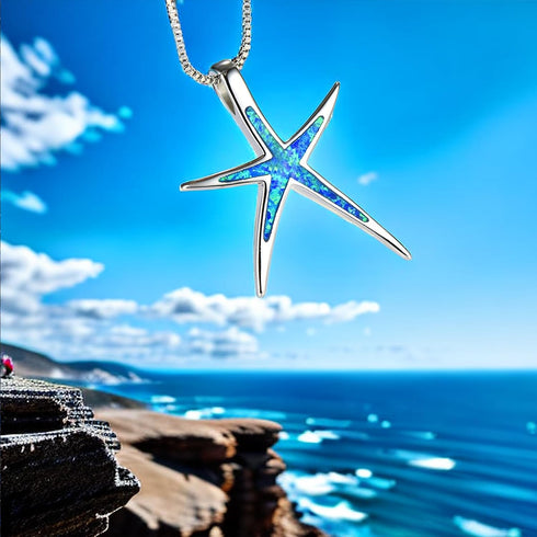 Vessantara Ocean Necklace,Blue Opal Pendant Necklace 925 Silver Sea Turtle Starfish Shark Tortoise Wave Palm Tree Beach Hawaiian Ocean Themed Jewe...